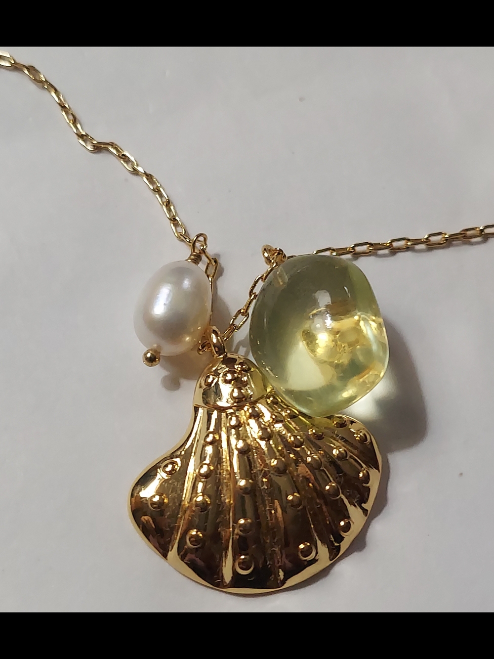 Tory Burch Gold Shell Pendant Necklace with Pearl and Pale Green Charm - Picture 3 of 4